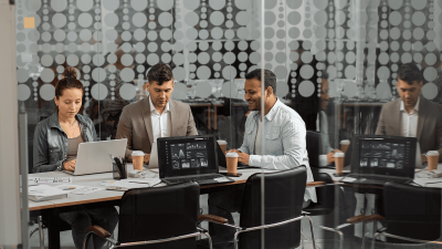 Finance professionals reviewing analytics